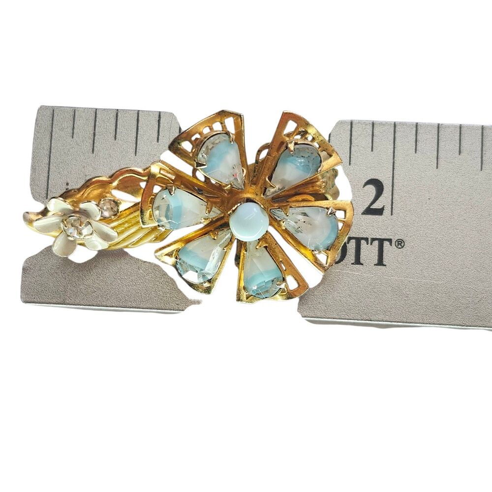 Original by Robert Clip On Earrings Blue Flower Rhinestone Gold Filigree VTG 50s - Picture 8 of 8